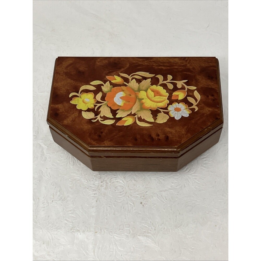 Vintage Footed Wooden Jewelry Trinket Box Screen Print Floral